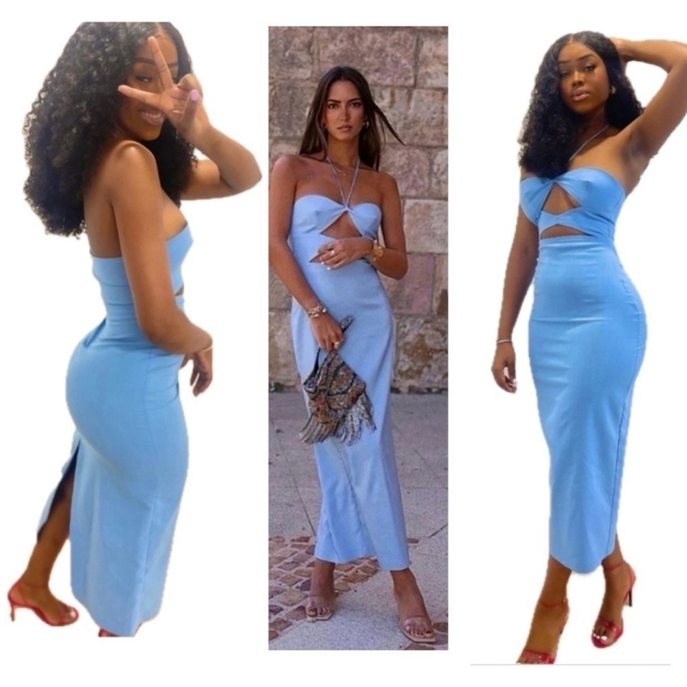 Zara Blogger Favorite Blue Cut-out Halter Top Bodycon Midi Dress Sz L - Picture 5 of 13